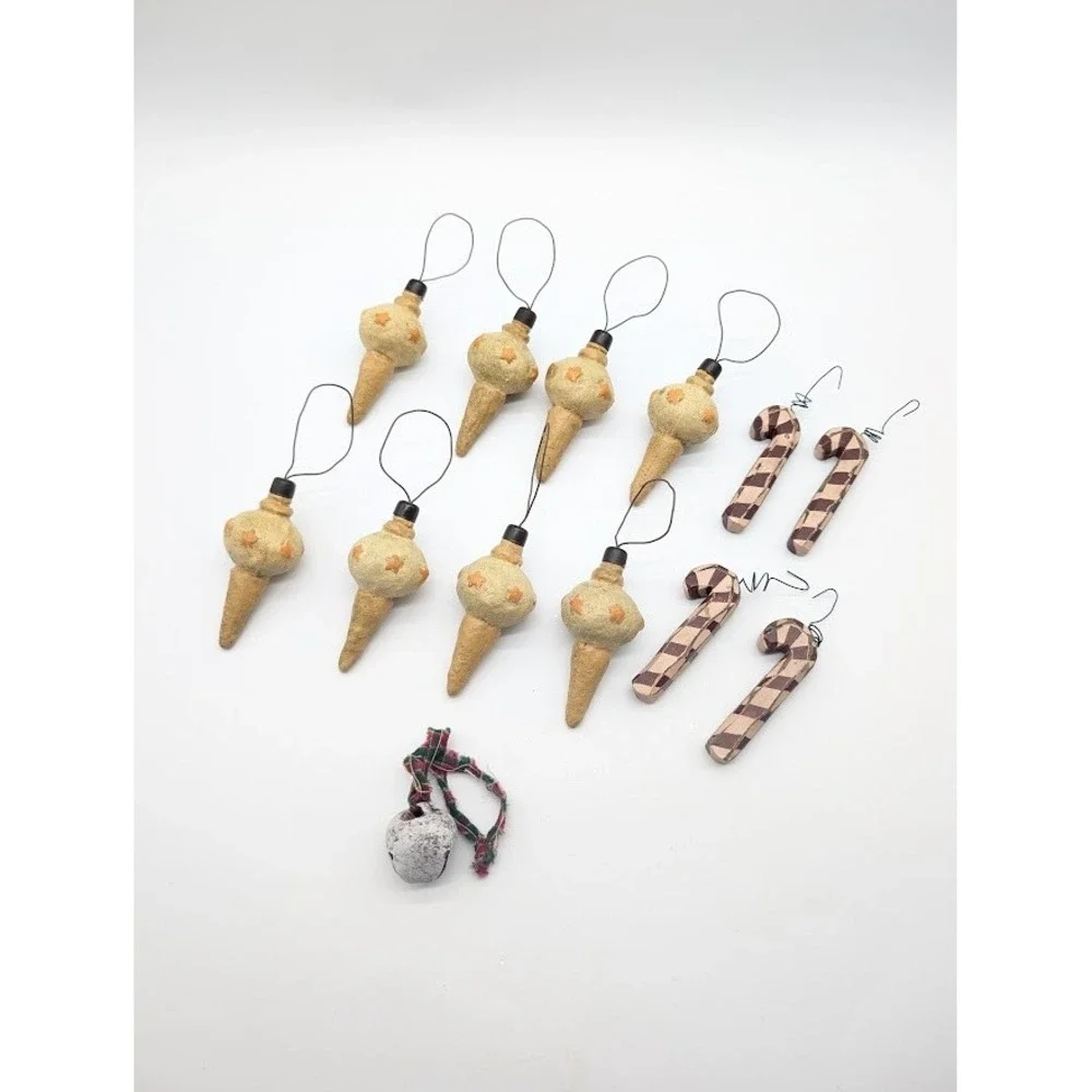 13 Lot Primitive Wood Candy Cane & Bauble Christmas Ornaments Rustic Farmhouse